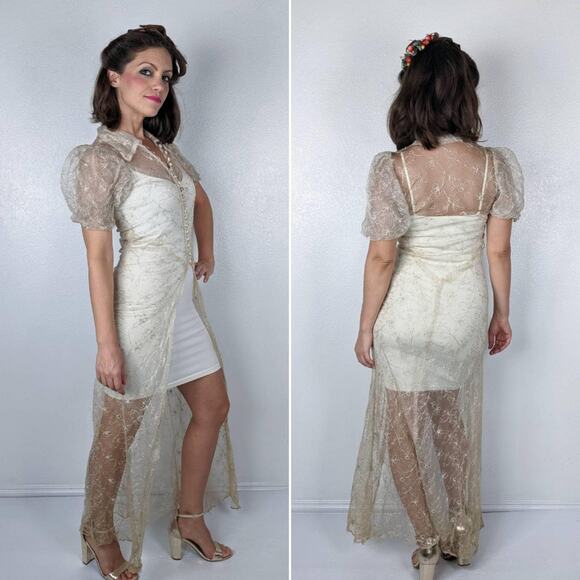 vintage 30s Sheer EMBROIDERED Dagger Collar MAXI DRESS xs/s tea stained 1930s - Picture 9 of 10